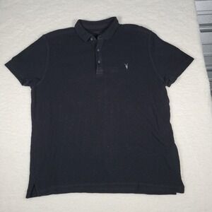 AllSaints Clash Polo Mens XL Black Textured Cotton Short Sleeve Ramskull MD080L